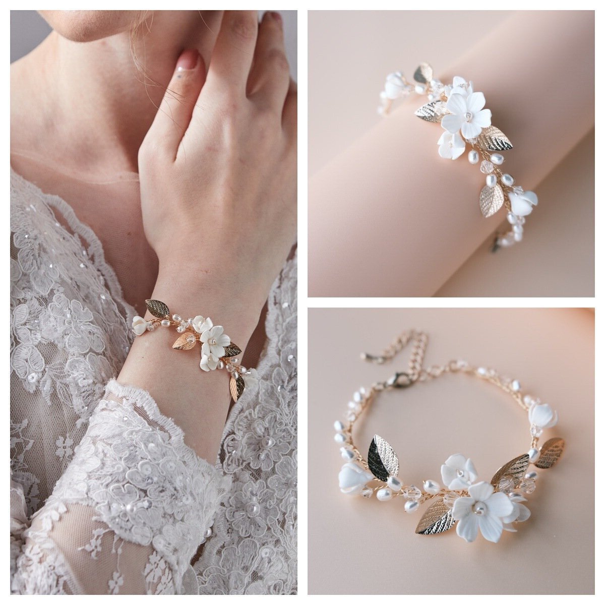 Snake Plant Ceramic - Ins Clay Flower Bridal Bracelet Pearls